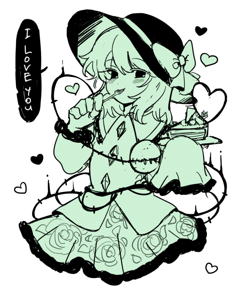 black_hat blouse blush buttons cake cake_slice collared_shirt commentary cropped_torso diamond_button eating english_text eyeball female floral_print food fork frilled_shirt_collar frilled_skirt frilled_sleeves frills green_theme hair_between_eyes hat hat_ribbon heart heart_of_string highres holding holding_plate komeiji_koishi long_sleeves looking_at_viewer medium_hair medium_skirt monochrome plate rbfnrbf_(mandarin) ribbon rose_print shirt simple_background skirt sleeves_past_fingers sleeves_past_wrists smile solo symbol-only_commentary third_eye thorns touhou utensil_in_mouth wavy_hair white_background wide_sleeves