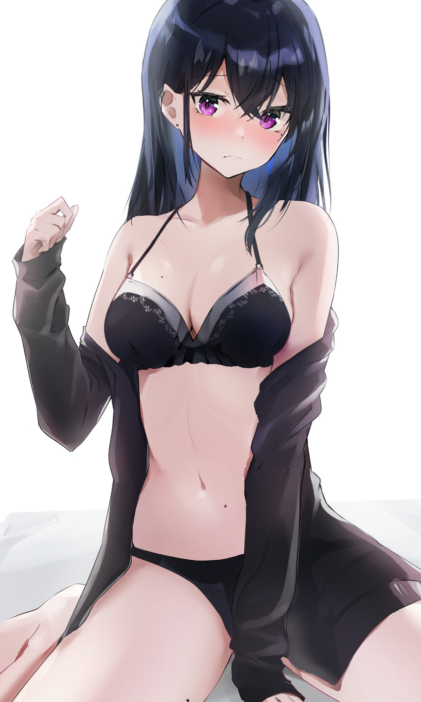 absurdres bad_id bad_twitter_id black_bra black_hair black_panties black_shirt blue_hair blush bra breasts cleavage closed_mouth clothes_down colored_inner_hair ear_piercing female highres long_hair long_sleeves looking_at_viewer medium_breasts mole mole_on_body mole_on_breast mole_on_thigh mole_under_eye multicolored_hair nanashinayuzu_mochi navel open_clothes open_shirt original panties piercing purple_eyes shirt shirt_down sitting solo stomach straight_hair underwear wariza