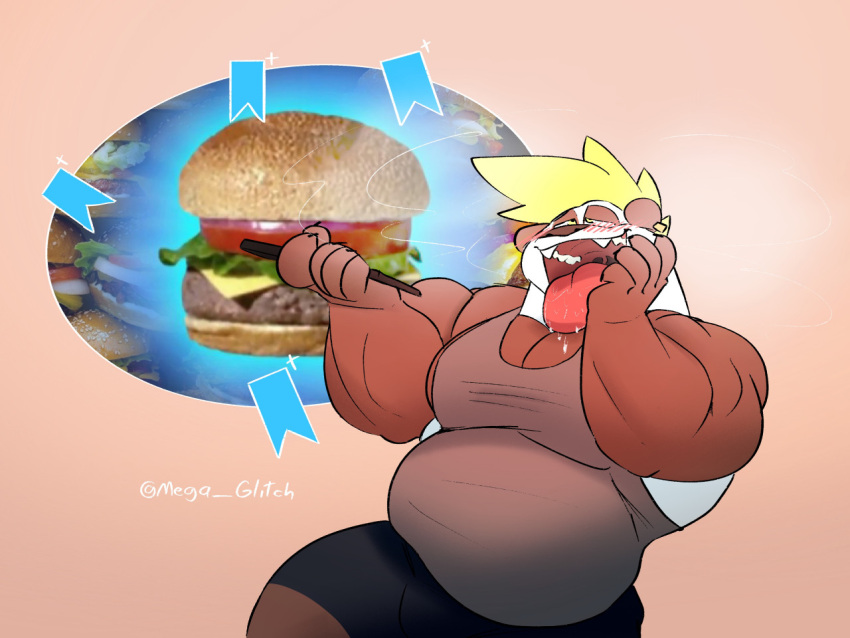 4:3 ahe_gao anthro bear belly big_muscles blush blush_lines bodily_fluids burger cheese clothing dairy_products drooling food fruit giant_panda krabby_patty lettuce looking_pleasured male mammal meat mega-glitch mohawk musclegut muscular plant saliva shirt solo tank_top tobio tomato tongue tongue_out topwear vegetable