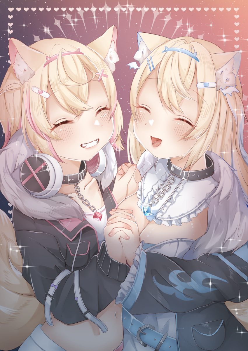 2girls absurdres animal_ear_fluff animal_ears belt black_collar black_jacket blonde_hair blue_belt blue_eyes blue_hair blush breasts cleavage cleavage_cutout closed_eyes closed_mouth clothing_cutout collar cropped_jacket cropped_shirt dog_ears dog_girl dog_tail dress fangs fur-trimmed_jacket fur_trim fuwawa_abyssgard fuwawa_abyssgard_(1st_costume) hair_ornament hairpin headphones headphones_around_neck heart highres holding_hands hololive hololive_english jacket kokonoeshiichi large_breasts looking_at_viewer midriff mococo_abyssgard mococo_abyssgard_(1st_costume) multicolored_hair multiple_girls navel open_mouth pink_belt pink_eyes pink_hair shirt short_shorts shorts siblings sisters smile spiked_collar spikes streaked_hair tail twins virtual_youtuber white_dress white_shirt white_shorts x_hair_ornament