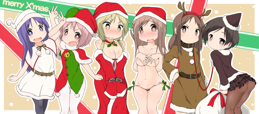 6+girls ahoge aikawa_chiho animal_costume antlers bad_id bad_pixiv_id bell bikini blonde_hair blush capelet christmas collar dress fur-trimmed_dress fur_trim hasegawa_fumi hat highres hinata_yukari horns ichii_yui leash long_hair looking_at_viewer low_twintails merry_christmas multiple_girls navel nonohara_yuzuko okano_kei open_mouth pantyhose pink_eyes pink_hair purple_hair red_capelet reindeer_antlers reindeer_costume santa_bikini santa_costume santa_hat short_hair smile swimsuit twintails watage_(lucky_yyg) yellow_eyes yuyushiki