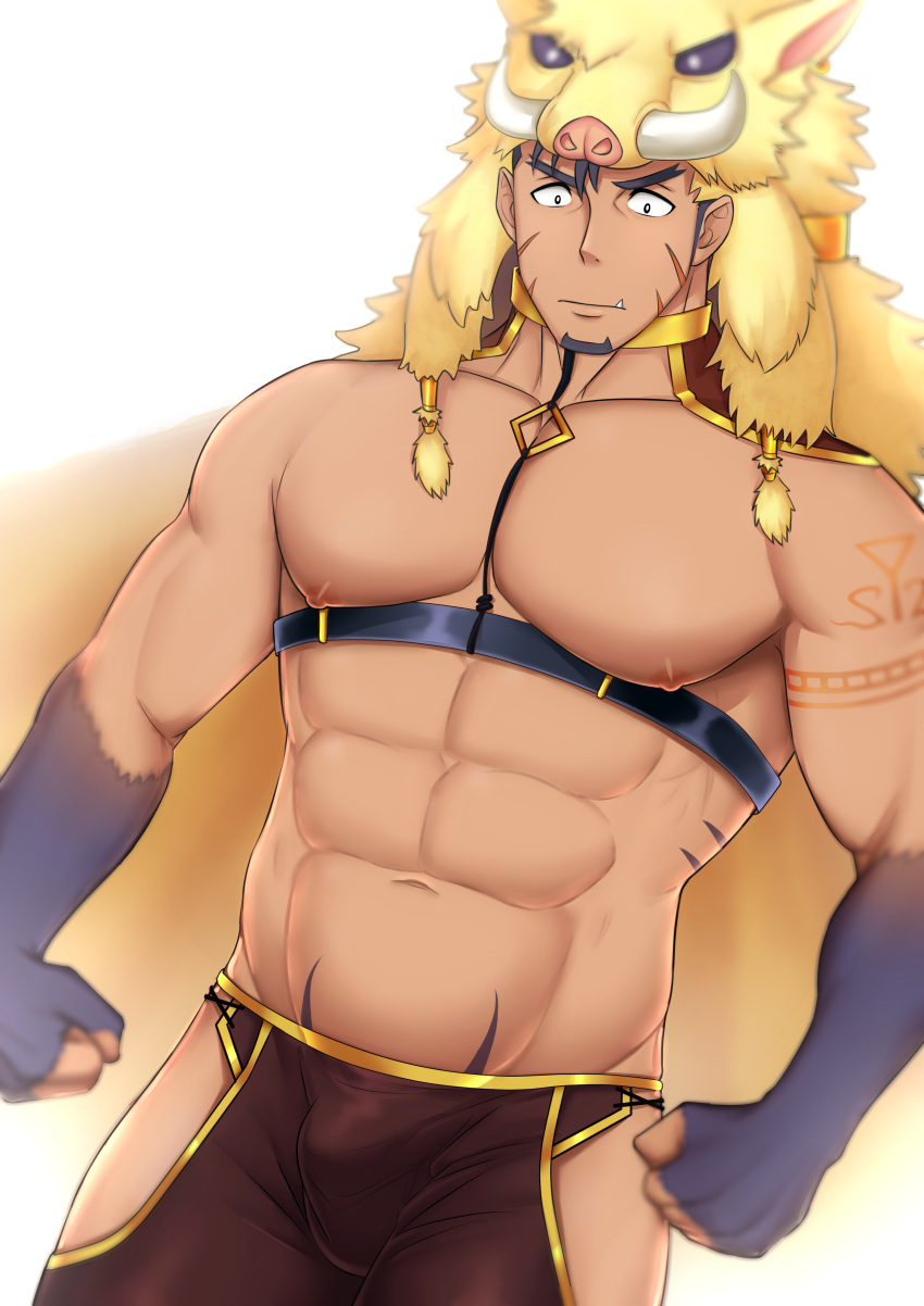 1boy abs absurdres animal_hood bara bare_pectorals bare_shoulders black_hair boar_boy boar_hood body_fur brown_pants bulge chest_harness clothing_cutout facial_hair forked_eyebrows fur_gloves goatee groin gullinbursti_(housamo) harness highres hood large_pectorals long_sideburns male_focus mikicat muscular muscular_male navel nipples obliques oerba_yun_fang pants pectorals short_hair shoulder_tattoo sideburns solo spiked_hair stomach stubble tattoo thick_thighs thigh_cutout thighs tokyo_afterschool_summoners white_background