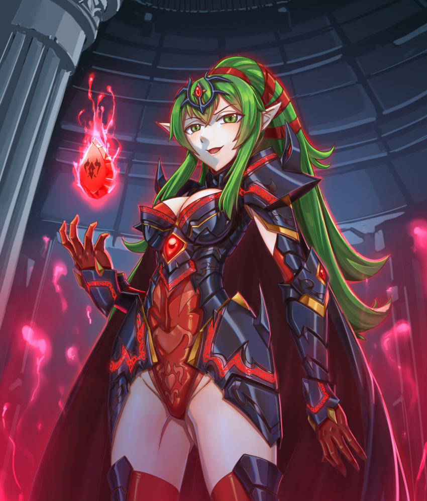 aged_up armor armored_leotard ass_visible_through_thighs blush breasts chinese_commentary cleavage commentary_request crystal dark_persona female fire_emblem fire_emblem:_mystery_of_the_emblem fire_emblem_awakening gauntlets green_eyes green_hair groin groin_tendon hair_ornament hair_ribbon highleg highleg_leotard highres large_breasts leebigtree leotard long_hair looking_at_viewer magic pauldrons pointy_ears red_ribbon ribbon shoulder_armor smile solo thighhighs tiki_(adult)_(fire_emblem) tiki_(fire_emblem)