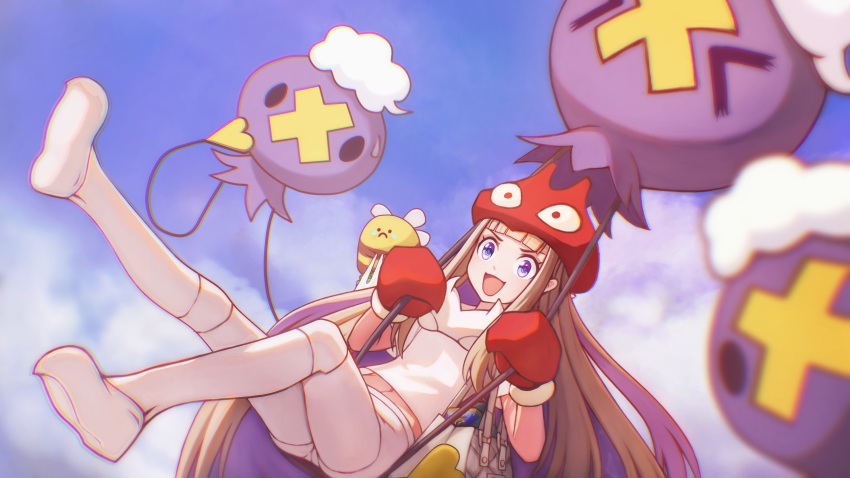 absurdres amanogawa_shiina amanogawa_shiina_(2nd_costume) bee blonde_hair blue_eyes bug cloud colored_inner_hair commission crab_claw crab_hat drifloon female highres kingler long_hair multicolored_hair navel open_mouth pantyhose phase_connect pokemon purple_hair shirt sky slippers sweat teonanix virtual_youtuber white_bag white_pantyhose white_shirt