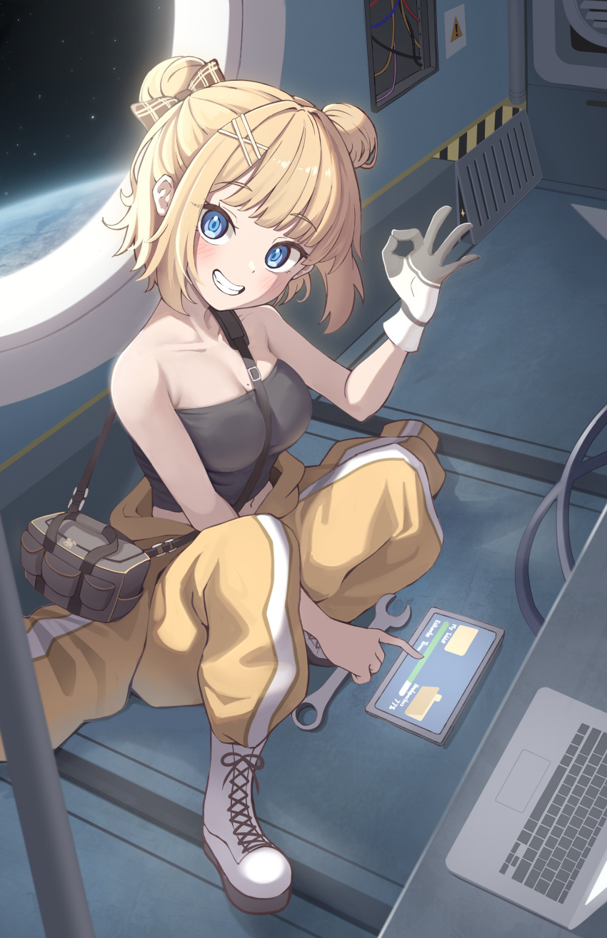 absurdres bare_shoulders black_shirt blonde_hair blue_eyes bow breasts cleavage collarbone computer crop_top double_bun female gloves grin hair_bun hair_ornament hairbow hairclip highres holding holding_wrench hololive hololive_english laptop looking_at_viewer medium_breasts midriff mole mole_on_breast navel official_alternate_costume ok_sign shirt single_glove smile solo space spacecraft_interior spacesuit squatting tablet_pc virtual_youtuber watson_amelia watson_amelia_(astronaut) wrench zeolch