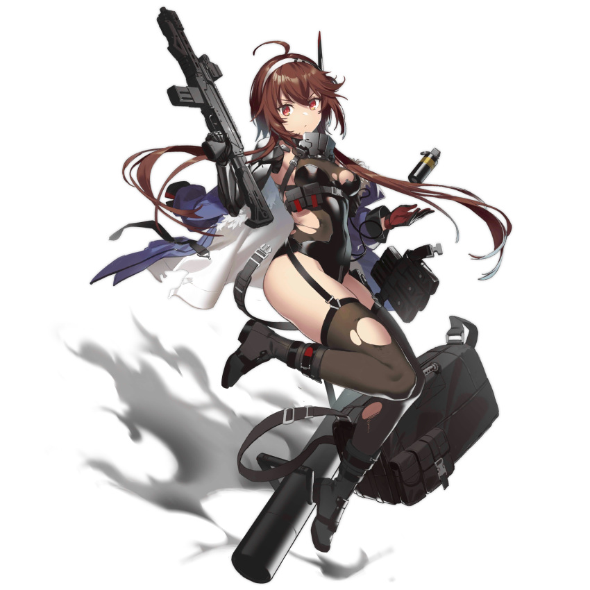 ahoge android belt_pouch black_bag black_footwear black_leotard black_thighhighs blue_jacket boots breasts brown_hair buckle english_text explosive fangdan_runiu female frown full_body fur-trimmed_jacket fur_trim garter_straps girls'_frontline gloves grenade gun hair_ornament hairband highres holding holding_gun holding_weapon jacket leg_up leotard logo looking_at_viewer mask mechanical_arms medium_breasts official_alternate_costume official_art pouch red_eyes red_gloves respirator short_hair_with_long_locks simple_background single_glove single_mechanical_arm snap-fit_buckle solo standing standing_on_one_leg strapless strapless_leotard thick_thighs thighhighs thighs third-party_source torn_clothes torn_jacket torn_leotard torn_thighhighs transparent_background trigger_discipline type_79_(girls'_frontline) type_79_(mod3)_(girls'_frontline) type_79_smg v-shaped_eyebrows weapon white_hairband