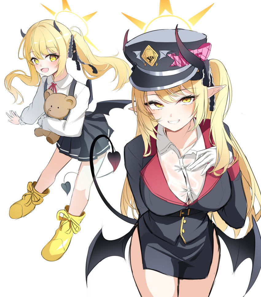 absurdres aged_up black_coat black_horns black_tail black_wings blonde_hair blue_archive coat demon_girl demon_horns demon_tail demon_wings female gehenna_academy_logo halo hat highres horns ibuki_(blue_archive) li_se low_wings peaked_cap solo tail wings yellow_halo