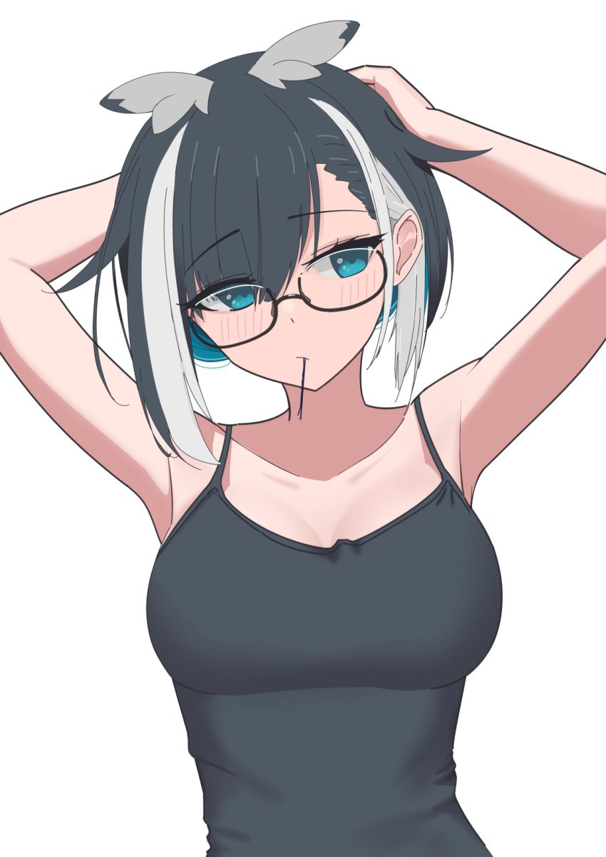 alternate_costume armpits black-framed_eyewear black_cape blue_eyes blue_hair blush breasts cape closed_mouth expressionless female glasses grey_hair grey_wings hair_tie_in_mouth hands_in_hair head_wings highres large_breasts looking_to_the_side mouth_hold multicolored_hair nanashi_inc. nekoemooon oura_rukako short_hair simple_background solo streaked_hair upper_body virtual_youtuber white_background wings