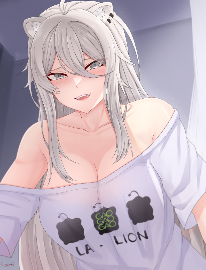 absurdres ahoge animal_ear_piercing animal_ears bare_shoulders bedroom blush breasts character_print cleavage collarbone commentary curtains double-parted_bangs fangs female grey_eyes grey_hair hair_between_eyes highres hololive indoors kuroyamii large_breasts lion_ears long_hair long_hair_between_eyes looking_at_viewer loose_clothes loose_shirt messy_hair no_bra no_choker off-shoulder_shirt off_shoulder official_alternate_costume official_alternate_hairstyle open_mouth oversized_clothes oversized_shirt print_shirt saliva_trail_between_teeth seductive_smile shirt shishiro_botan shishiro_botan_(casual) short_sleeves sidelighting sidelocks signature smile solo t-shirt virtual_youtuber white_shirt