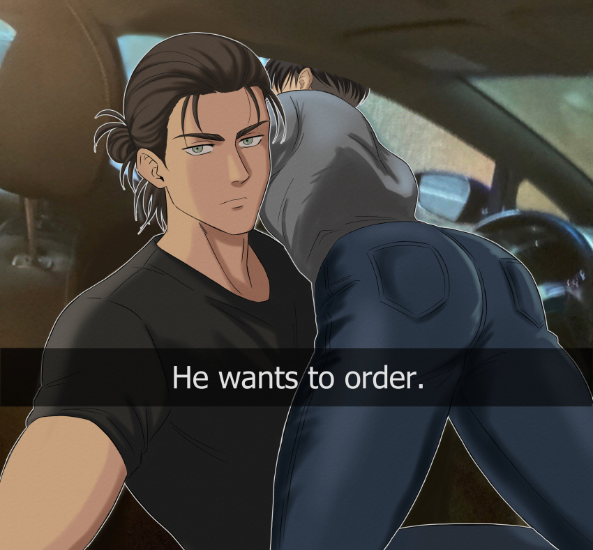 2boys absurdres ass black_hair black_shirt blue_pants brown_hair car car_interior casual closed_mouth denim eren_yeager expressionless green_eyes grey_shirt hair_bun he_wants_to_order_(meme) highres jeans levi_(shingeki_no_kyojin) looking_at_viewer male_focus meme motor_vehicle multiple_boys pants pocket raiza_(raiza_delatorre) selfie shingeki_no_kyojin shirt short_hair short_sleeves t-shirt undercut yaoi