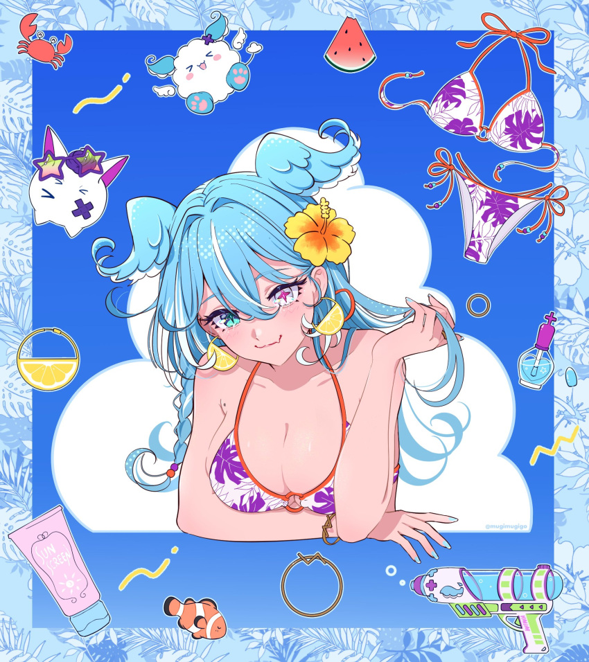 >_< :d aqua_eyes aqua_nails arm_under_breasts bikini blue_hair blush bracelet breasts cleavage cloud clownfish commission cosmetics crab cross-shaped_pupils earrings elira_pendora female fish flower food food-themed_earrings fruit hair_flower hair_ornament hand_in_own_hair head_wings heterochromia highres jewelry large_breasts lemon_earrings long_hair looking_at_viewer lotion mole mole_on_armpit mugimugigo nail_polish nail_polish_bottle nijisanji nijisanji_en oerba_yun_fang pikl_(elira_pendora) pink_pupils ring skin_fang smile sunscreen swimsuit symbol-shaped_pupils virtual_youtuber water_gun watermelon watermelon_slice weewa_(elira_pendora) white_eyes wings xd