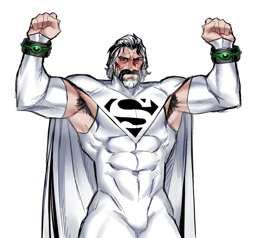 1boy alternate_costume armpit_cutout armpit_hair armpits arms_up bara beard black_hair blush cape clenched_hands clothing_cutout commentary covered_abs covered_navel dc_comics english_commentary facial_hair full_beard highres jor-el large_pectorals male_focus mature_male multicolored_hair muscular muscular_male old old_man pectorals revealyoursins simple_background skin_tight solo superman_(series) two-tone_hair white_background white_hair