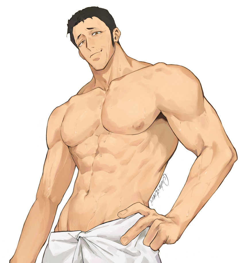 1boy abs absurdres aged_down artist_name bara black_hair borsalino_(kizaru) brown_eyes closed_mouth collarbone commentary contrapposto cowboy_shot english_commentary facial_hair furrowed_brow goatee_stubble hand_on_own_hip highres large_pectorals light_smile looking_at_viewer male_focus mustache_stubble naked_towel navel nipples one_piece pectorals shihoritsu short_eyebrows short_hair short_sideburns sideburns_stubble signature simple_background smile smirk solo stubble sweat thick_eyebrows topless_male towel towel_around_waist twitter_username wet white_background