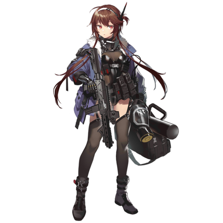 ahoge android belt_pouch black_bag black_footwear black_leotard black_thighhighs blue_jacket boots breasts brown_hair buckle english_text fangdan_runiu female full_body fur-trimmed_jacket fur_trim garter_straps gas_mask girls'_frontline gun hair_ornament hairband highres holding holding_gun holding_weapon jacket leotard logo mask mechanical_arms medium_breasts official_alternate_costume official_art open_clothes open_jacket pouch red_eyes respirator see-through_clothes short_hair_with_long_locks sidelocks simple_background single_mechanical_arm snap-fit_buckle solo strapless strapless_leotard submachine_gun thighhighs third-party_source transparent_background trigger_discipline type_79_(girls'_frontline) type_79_(mod3)_(girls'_frontline) type_79_smg walkie-talkie weapon white_hairband