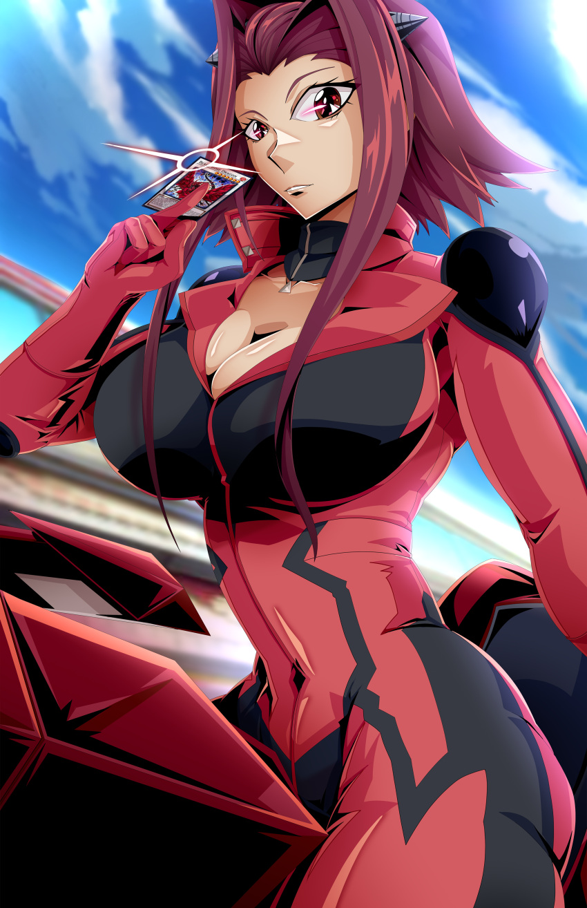 absurdres andoryuanzuru bicycle biker_clothes bikesuit bodysuit breasts card cleavage female highres holding izayoi_aki large_breasts red_eyes red_hair sidelocks solo tight_clothes yu-gi-oh! yu-gi-oh!_5d's