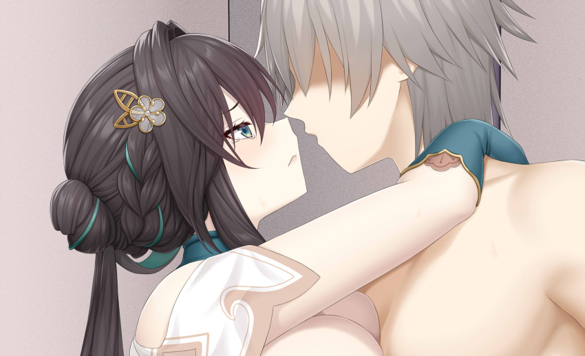 1boy aqua_eyes aqua_gloves aqua_hair asamura_hiori black_hair blush braid breasts caelus_(honkai:_star_rail) cleavage faceless faceless_male female gloves grey_hair hair_ornament highres honkai:_star_rail honkai_(series) hug long_hair multicolored_hair ponytail straight tears trailblazer_(honkai:_star_rail) two-tone_hair