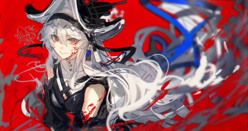 arknights black_dress black_hat blood blurry breasts chinese_commentary clothing_cutout commentary_request criss-cross_straps depth_of_field detached_sleeves dichlorvos dress female hat jpeg_artifacts long_hair pointy_hat red_background red_eyes solo specter_(arknights) specter_the_unchained_(arknights) two-sided_fabric two-sided_headwear upper_body very_long_hair white_hair white_hat