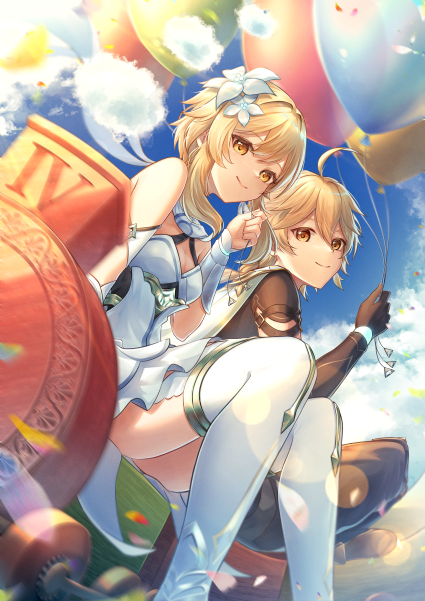 1boy absurdres aether_(genshin_impact) ahoge balloon bare_shoulders black_gloves blonde_hair blue_sky braid breasts brother_and_sister cleavage closed_mouth cloud commentary_request day dress female from_side genshin_impact gloves hair_between_eyes hand_up highres holding holding_balloon long_hair long_sleeves looking_at_viewer lumine_(genshin_impact) medium_breasts outdoors roman_numeral short_hair_with_long_locks siblings sitting sky sleeveless sleeveless_dress smile thighhighs toy_train very_long_hair white_dress white_thighhighs yellow_eyes yuno_kaihara