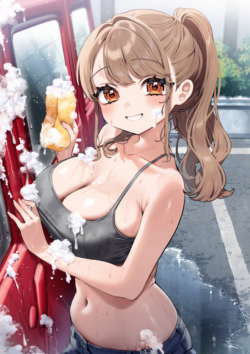 absurdres blush breasts brown_hair car cleavage collarbone commentary_request female foam highres holding holding_sponge kodama's_elder_sister_(sakura_yuki) large_breasts looking_at_viewer medium_hair midriff motor_vehicle navel original ponytail sakura_yuki_(clochette) smile solo sponge water wet