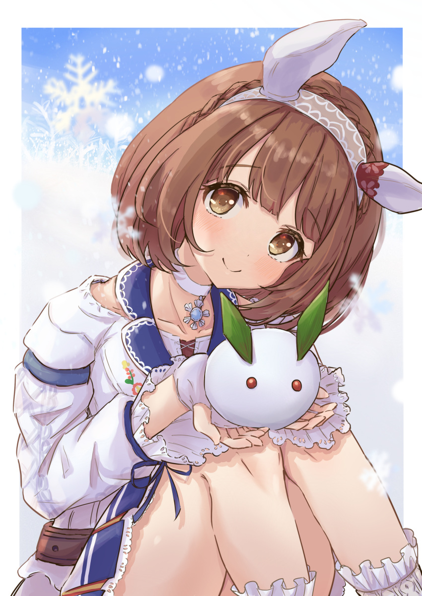 absurdres animal_ears bad_id bad_pixiv_id belt choker closed_mouth ear_covers feet_out_of_frame female fingerless_gloves gloves hairband head_tilt highres horse_ears knees_up light_blush long_sleeves looking_at_viewer medium_hair shirt shishishi sitting skirt smile snow snow_rabbit snowflakes umamusume white_gloves white_shirt white_skirt yukino_bijin_(umamusume)