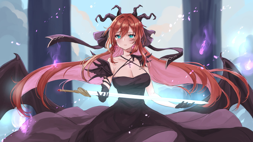 asymmetrical_gloves atelier_live breasts cleavage closed_mouth crying dragon_girl dragon_horns dress earrings female gloves green_eyes hair_between_eyes highres horns jewelry kuzuryu_io long_hair looking_at_viewer mismatched_gloves multiple_horns red_hair ribbon solo sword ten-chan_(eternal_s) very_long_hair virtual_youtuber weapon wings