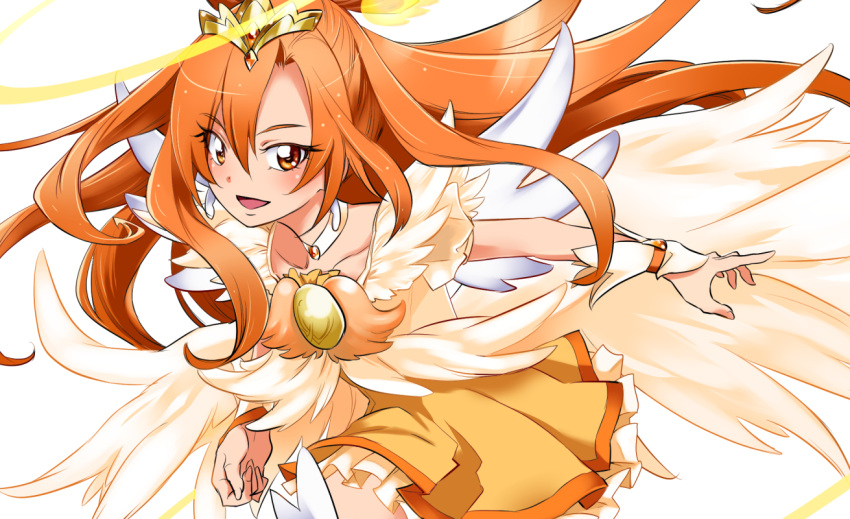 :d bad_id bad_pixiv_id bow-shaped_hair brooch choker commentary_request cure_sunny cure_sunny_(princess_form) dress eyelashes female hair_ornament happy hino_akane_(smile_precure!) jewelry kurose_kousuke long_hair looking_at_viewer magical_girl open_mouth orange_dress orange_eyes orange_hair orange_theme precure simple_background smile smile_precure solo white_background wrist_cuffs