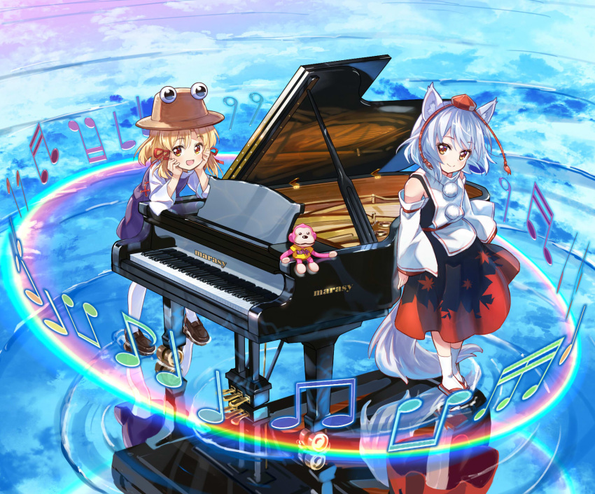 2girls album_cover animal_ears bare_shoulders black_dress blonde_hair brown_eyes brown_footwear brown_headwear commentary_request cover detached_sleeves dress geta grand_piano hands_on_own_face happy hat highres instrument inubashiri_momiji loafers long_sleeves looking_at_viewer marashii medium_hair moriya_suwako multiple_girls musical_note open_mouth parted_bangs piano pom_pom_(clothes) purple_skirt purple_vest red_dress red_headwear red_ribbon reflection reflective_water ribbon sakino_shingetsu salar_de_uyuni sandals shirt shoes skirt skirt_set smile stuffed_monkey tail tassel tengu-geta thighhighs tokin_hat touhou turtleneck vest water_world white_hair white_legwear white_shirt white_sleeves white_vest wide_sleeves wolf_ears wolf_girl wolf_tail yellow_eyes