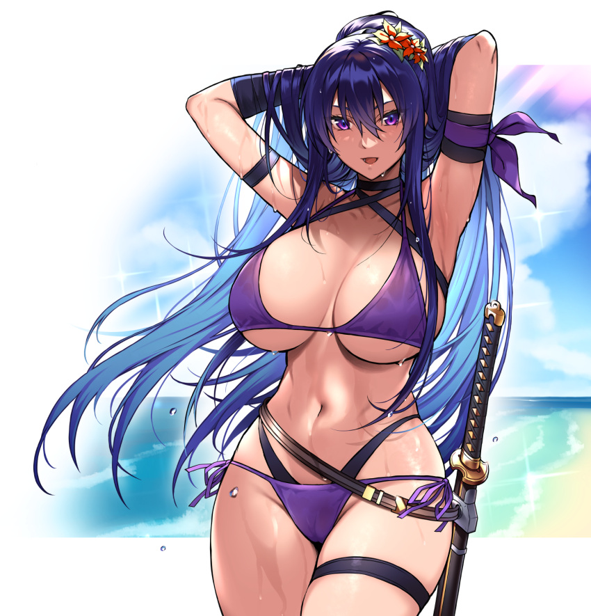 :d aa-rance akiyama_rinko armpits arms_behind_head arms_up bikini blue_hair breasts commentary_request cowboy_shot female hair_between_eyes hair_lift hands_in_hair highres large_breasts legs_together long_hair looking_at_viewer navel open_mouth purple_bikini purple_eyes revision sheath sheathed side-tie_bikini_bottom smile solo standing stomach swimsuit sword taimanin_(series) taimanin_yukikaze thigh_strap very_long_hair water_drop weapon wet wet_clothes wet_swimsuit