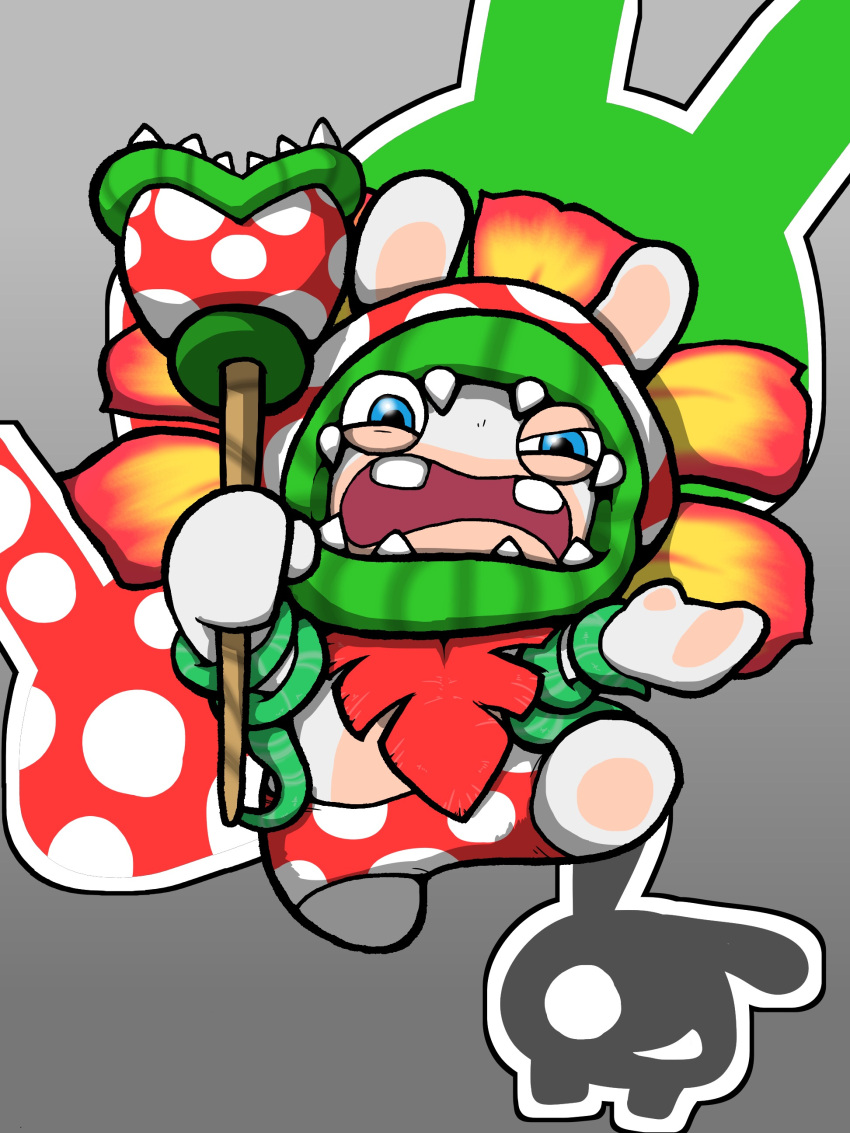 absurdres angry animal_ears blue_eyes buck_teeth charisuke cosplay crossover grey_background highres holding mario_(series) mario_+_rabbids_kingdom_battle no_humans open_mouth piranha_plant piranha_plant_(cosplay) rabbid rabbit_ears raving_rabbids screaming simple_background teeth