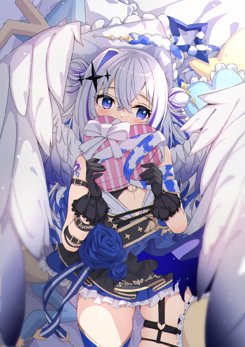 absurdres amane_kanata amane_kanata_(another_world) angel angel_wings arm_belt arm_tattoo bandaged_arm bandages blue_hair box candy chocolate colored_inner_hair feathered_wings female food gloves grey_hair hair_bun heart heart-shaped_box heart-shaped_chocolate highres hololive juu_p long_hair lying multicolored_hair official_alternate_costume on_back pillow purple_eyes single_thighhigh skindentation skirt solo strapless tattoo thigh_strap thighhighs tube_top virtual_youtuber wings