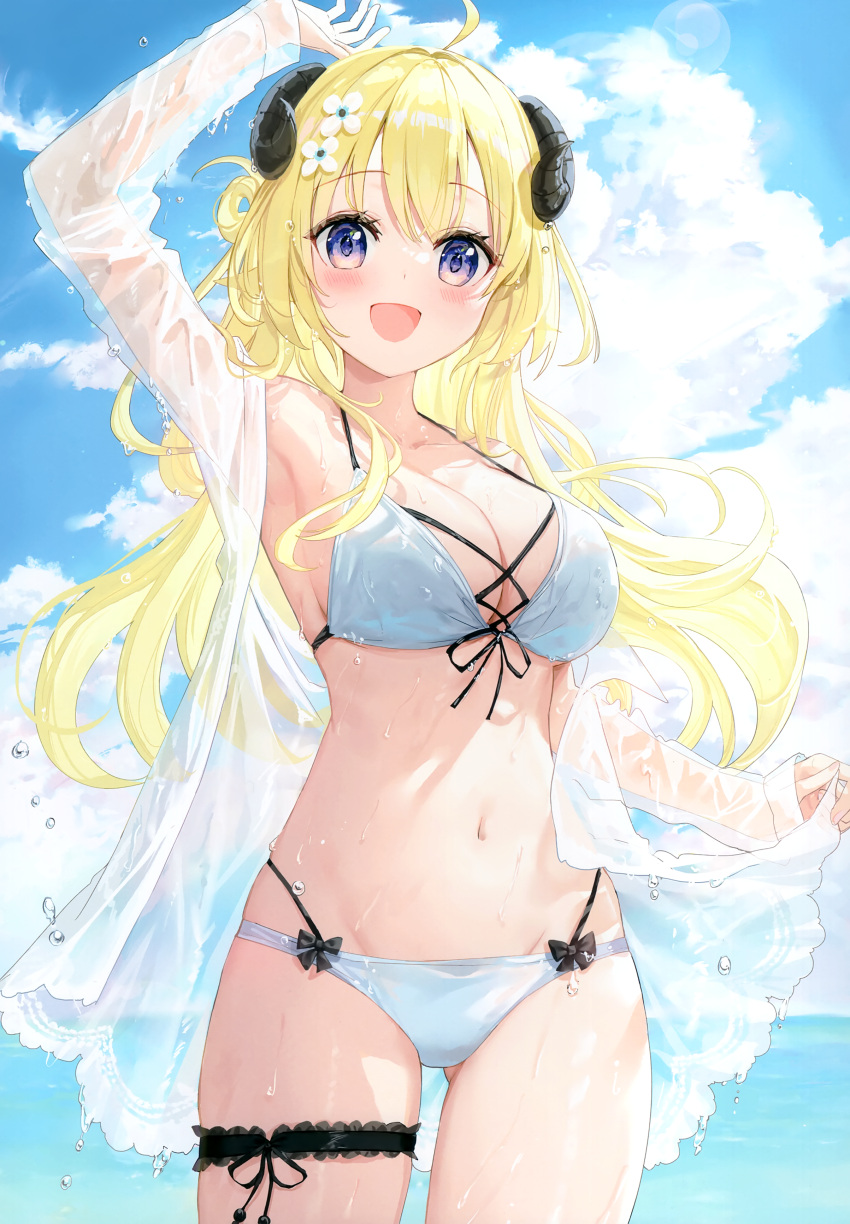 absurdres ahoge arm_up armpits ass_visible_through_thighs bikini blonde_hair blush bow bowtie breasts cleavage cloud cloudy_sky collarbone curled_horns day female flower fuumi_(radial_engine) hair_flower hair_ornament halterneck highres hololive horns long_hair long_sleeves looking_at_viewer medium_breasts navel open_mouth outdoors purple_eyes scan see-through sheep_horns shiny_skin simple_background sky smile solo stomach swimsuit thighs tsunomaki_watame virtual_youtuber water water_drop wet wet_clothes