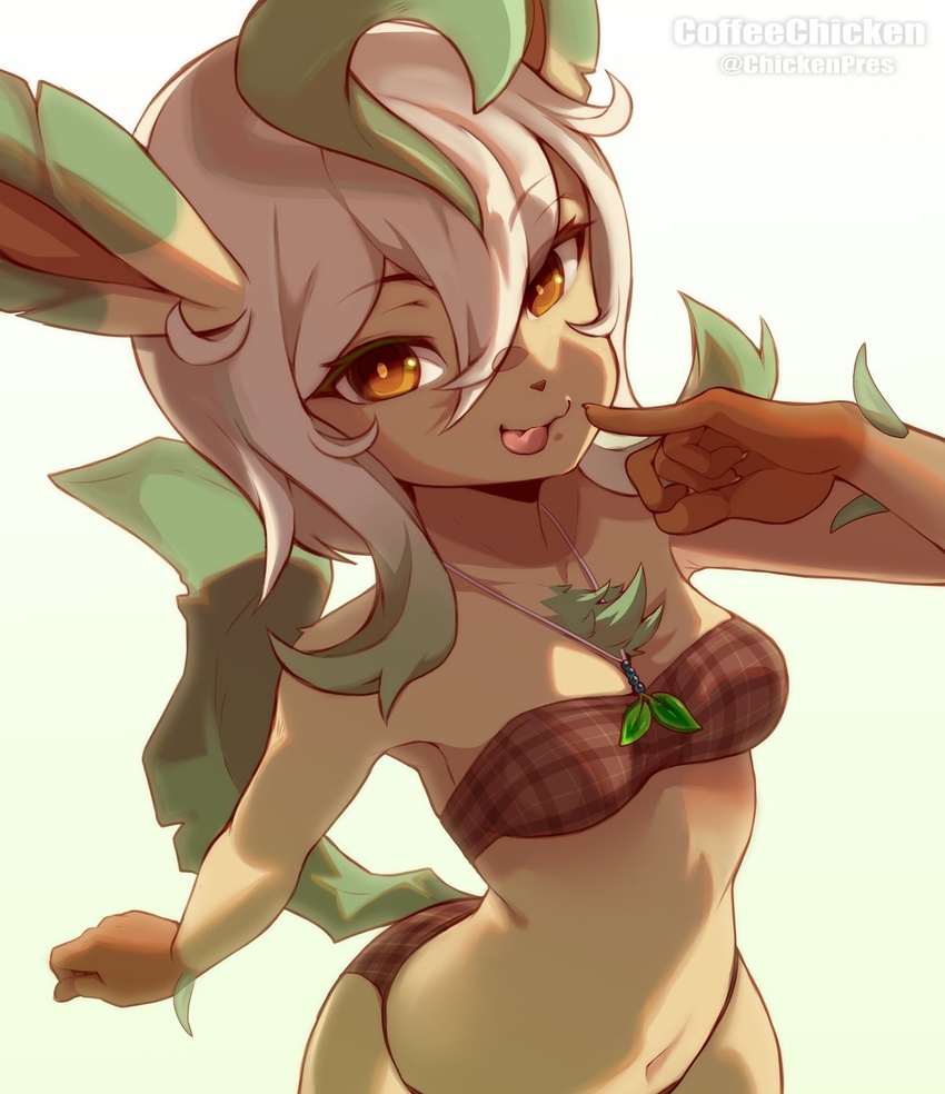 2023 5_fingers anthro anthrofied artist_name bottomwear breasts brown_eyes clothed clothing coffeechicken eeveelution female fingers generation_4_pokemon hair hi_res humanoid_hands leafeon long_hair looking_at_viewer midriff nintendo pattern_clothing pokemon pokemon_(species) pokemorph simple_background slim small_breasts solo tail tongue tongue_out topwear yellow_body