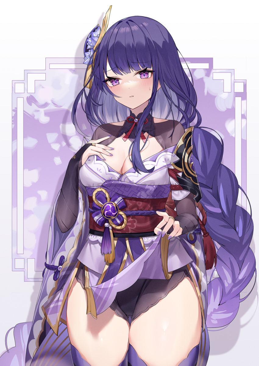 armor ass_visible_through_thighs blush breasts bridal_gauntlets cleavage commentary cowboy_shot female genshin_impact hand_on_own_chest highres japanese_clothes kimono long_hair looking_at_viewer medium_breasts nail_polish obi off_shoulder purple_eyes purple_hair purple_kimono purple_nails purple_thighhighs raiden_shogun red_sash sash shoulder_armor solo standing tassel thighhighs thighs very_long_hair yuia