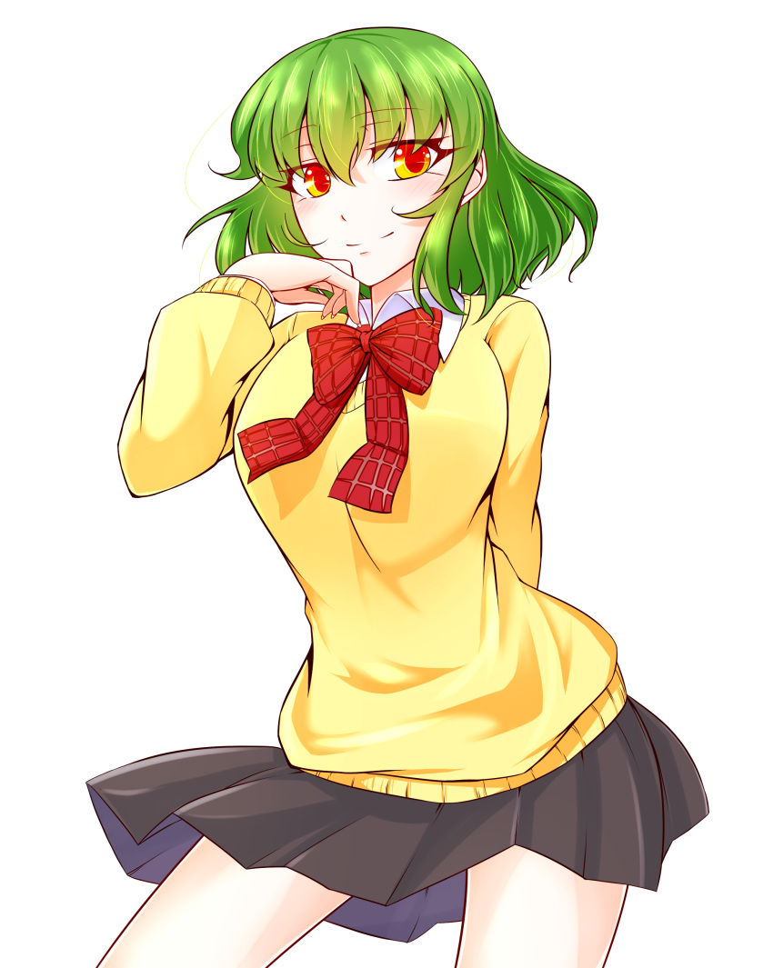 absurdres bow bowtie breasts closed_mouth female green_hair grey_skirt hand_on_own_face highres itocoh kazami_yuuka long_sleeves looking_at_viewer red_bow red_bowtie shirt short_hair skirt smile solo sweater touhou yellow_eyes yellow_sweater