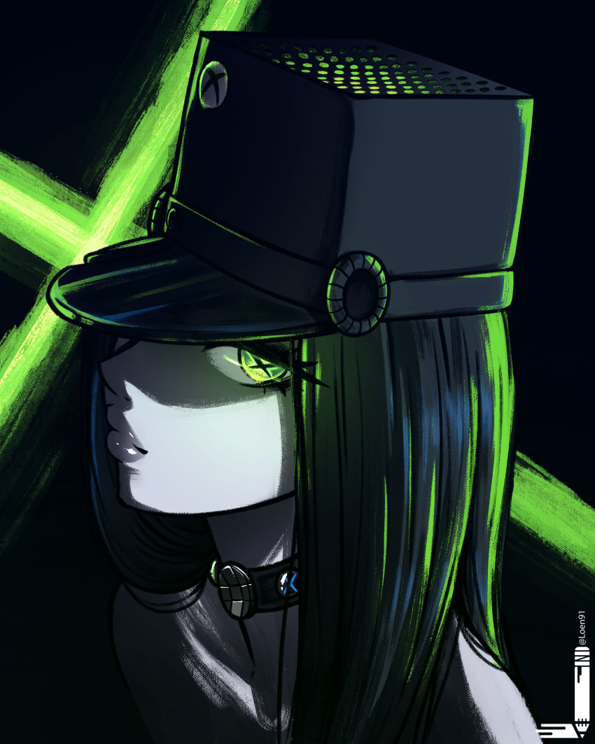 absurdres black_background collar commentary english_commentary female game_console glowing glowing_eyes green_eyes hat highres lips loen long_hair looking_at_viewer microsoft pale_skin personification simple_background solo xbox_series_x xbox_series_x_(personification)