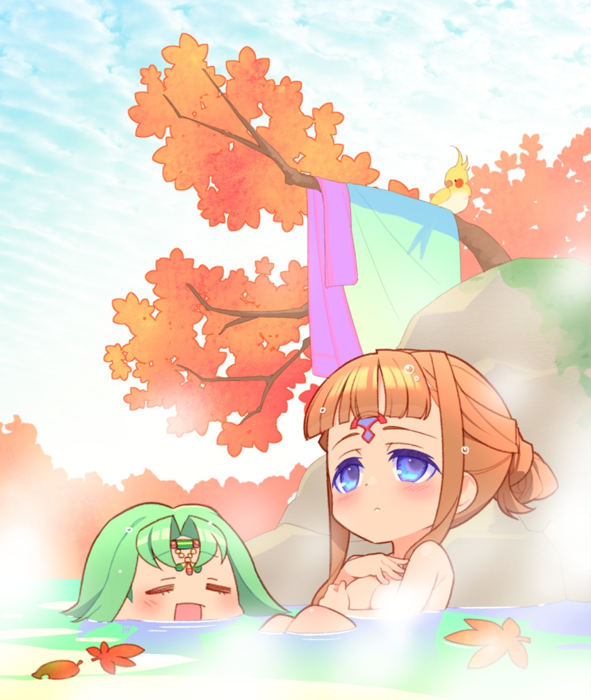 2girls brown_hair green_hair highres jewelry leaf multiple_girls onsen outdoors same-sex_bathing shared_bathing shiho_(valkyrie_profile) tree valkyrie_profile_(series) water yumei_(valkyrie_profile) yunde_(twez3727)