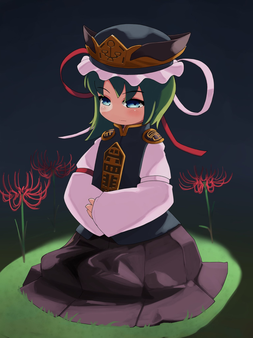 asymmetrical_hair black_skirt blouse blue_eyes blue_vest blush closed_mouth commentary epaulettes female flat_chest flower frilled_hat frills full_body green_hair hat highres holding long_sleeves looking_at_viewer pleated_skirt red_flower rod_of_remorse shiki_eiki shirt short_hair sitting skirt solo spider_lily touhou ugif vest white_shirt