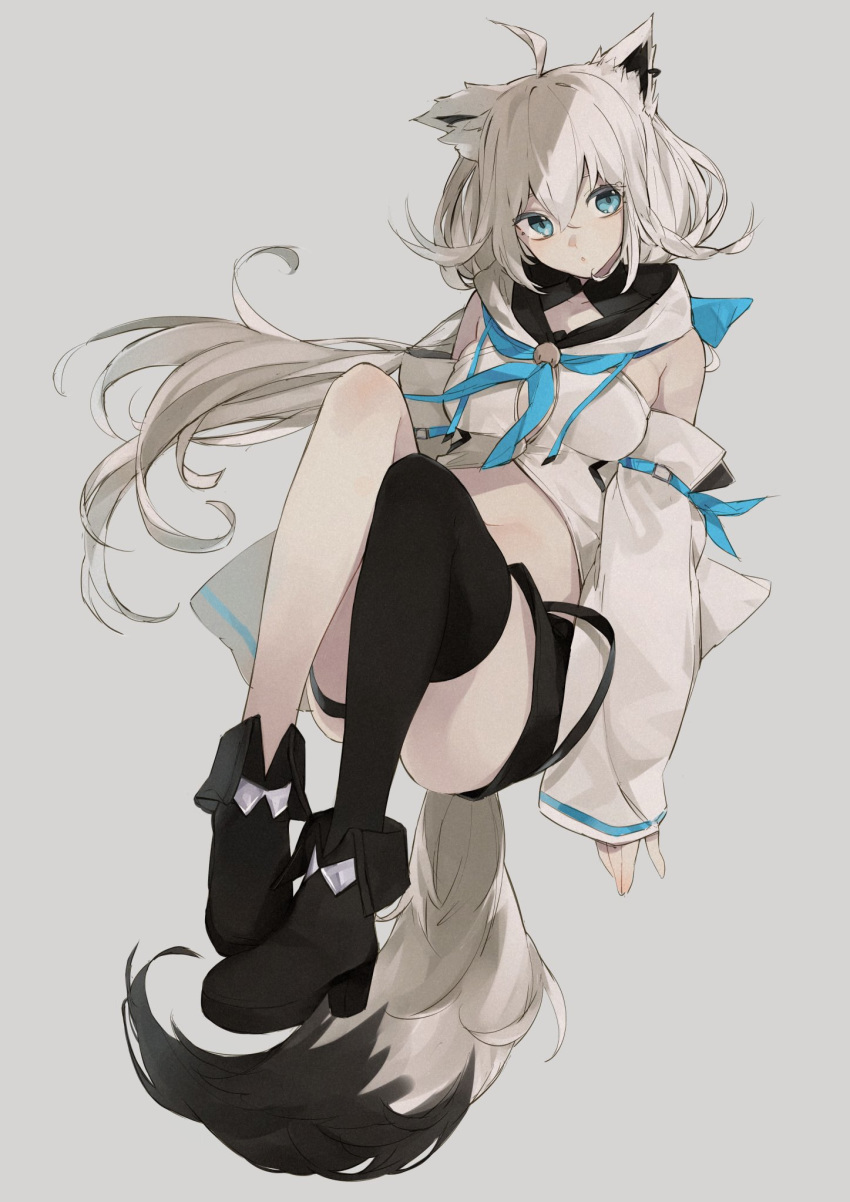 ahoge animal_ear_fluff animal_ears aqua_ribbon bad_id bad_twitter_id black_footwear black_shorts black_thighhighs blue_eyes boots braid breasts closed_mouth commentary detached_sleeves dress female fold-over_boots fox_ears fox_girl fox_tail full_body grey_background hair_between_eyes highres hololive long_hair looking_at_viewer medium_breasts midriff navel neck_ribbon ponytail ribbon rippootai shirakami_fubuki shirakami_fubuki_(1st_costume) short_dress short_shorts shorts side_braid simple_background single_thighhigh sleeves_past_wrists solo tail thigh_strap thighhighs thighs virtual_youtuber white_dress white_hair