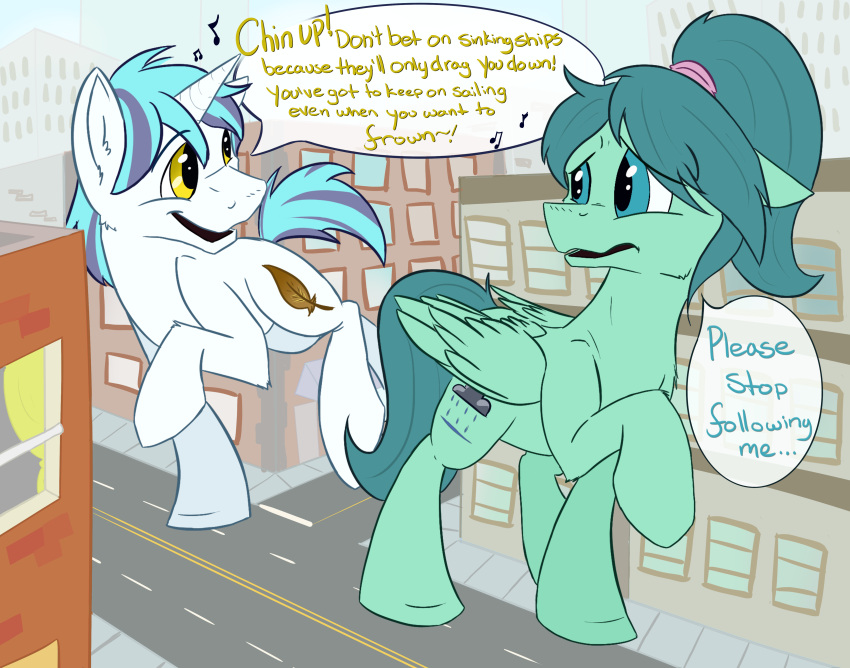 2014 absurd_res blue_eyes blue_mane building cutie_mark dialogue ears_down english_text equid equine eye_contact feral green_body hasbro hi_res horn looking_at_another lyrics macro male mammal mane my_little_pony mythological_creature mythological_equine mythology open_mouth outside pegasus pivoted_ears rainbow_dash_presents road scruffasus singing snap_feather speech_bubble text unicorn white_body wings yellow_eyes