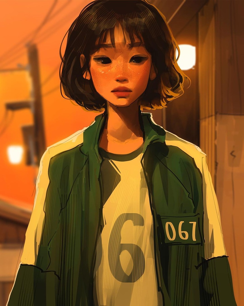 black_eyes black_hair blurry blurry_background closed_mouth commentary english_commentary female freckles green_jacket highres jacket kang_sae-byeok lips long_sleeves looking_at_viewer open_clothes open_jacket photoshop_(medium) power_lines sam_yang shirt short_hair solo squid_game upper_body utility_pole white_shirt