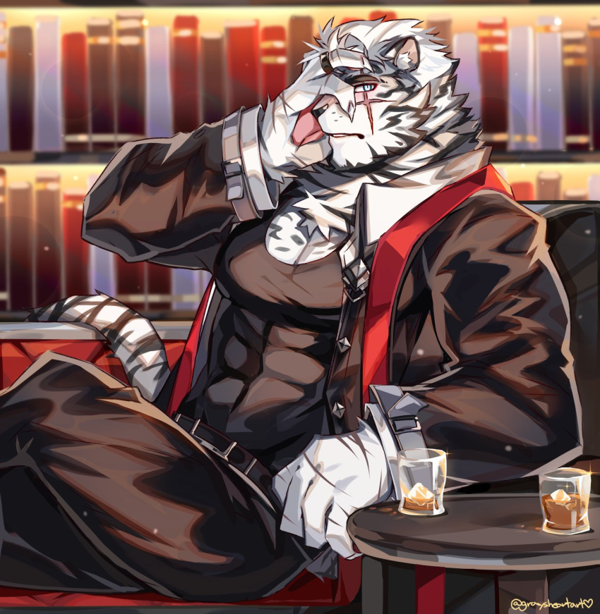 1boy animal_ears arknights bara belt black_belt black_pants blush bookshelf covered_abs cup drunk formal furry furry_male graysheartart hand_on_own_face highres jacket leather leather_jacket looking_at_viewer male_focus mountain_(arknights) mountain_(dark_cloud)_(arknights) muscular muscular_male official_alternate_costume open_clothes open_jacket pants pectoral_cleavage pectorals scar scar_across_eye scar_on_face short_hair solo table tiger_boy tiger_ears white_fur white_hair