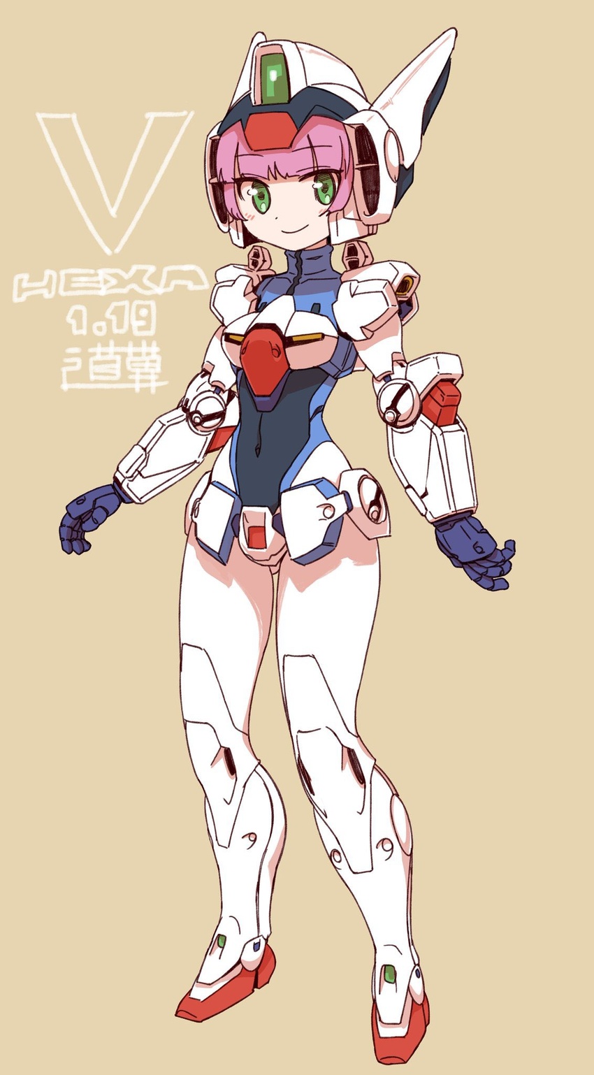 ass_visible_through_thighs bodysuit character_name covered_navel female green_eyes gundam helmet highres humanization looking_at_viewer michi_kuso open_hand pink_hair smile solo standing victory_gundam victory_gundam_hexa white_bodysuit