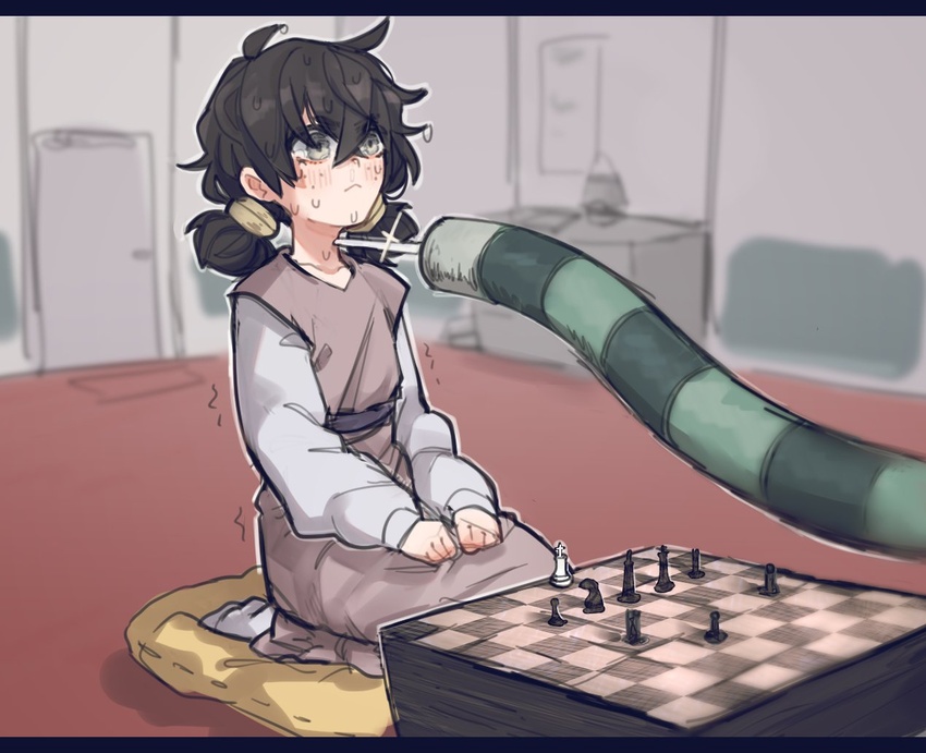 :< artistic_error black_hair blade_to_throat blind blind_girl_(popopoka) blurry blurry_background blush board_game checkmate chess chess_piece chessboard commentary cosplay cushion depth_of_field dress english_commentary female freckles glint grey_eyes hands_on_lap hunter_x_hunter indoors komugi_(hunter_x_hunter) komugi_(hunter_x_hunter)_(cosplay) letterboxed long_sleeves low_twintails meruem nervous_sweating original popopoka purple_sash sash seiza sitting solo_focus sweat threat trait_connection trembling twintails wide-eyed zabuton