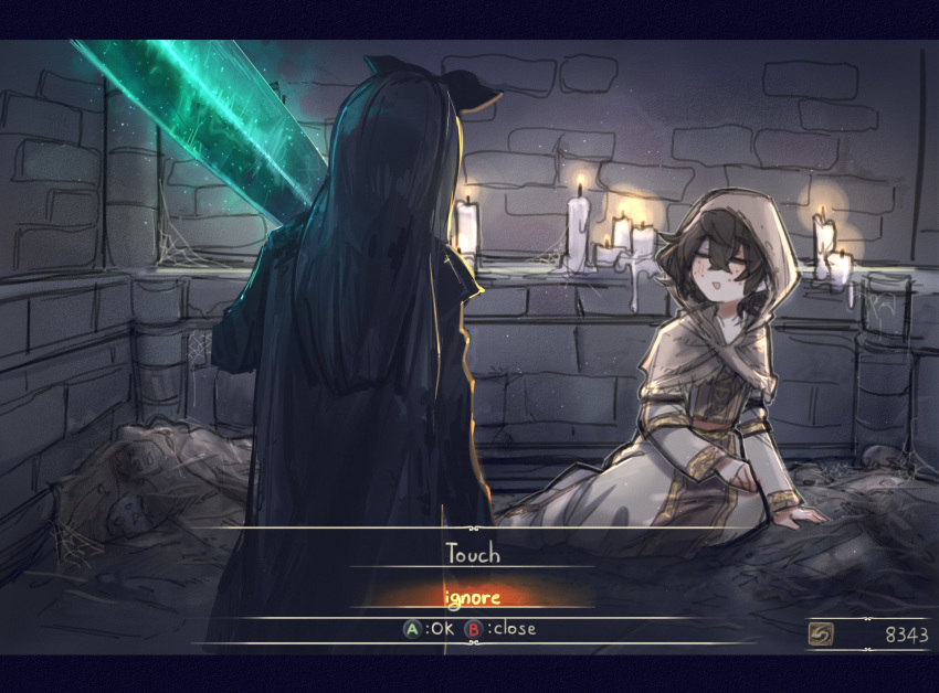 2girls :d ashen_one_(dark_souls_3) black_hair blind blind_girl_(popopoka) blonde_girl_(popopoka) bow candle closed_eyes commentary cosplay crossed_bangs dark_souls_(series) dark_souls_iii dress english_commentary freckles from_behind hair_between_eyes hairbow highres holding holding_sword holding_weapon irina_of_carim irina_of_carim_(cosplay) letterboxed long_hair moonlight_greatsword multiple_girls open_mouth original popopoka sitting smile sword trait_connection weapon white_dress yokozuwari