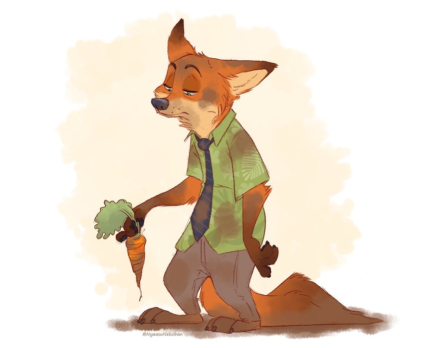 2020 anthro barefoot bottomwear canid canine carrot cheek_tuft clothed clothing dirty disney facial_tuft feet food fox fully_clothed fur head_tuft holding_carrot holding_food holding_object holding_vegetable male mammal neck_tuft necktie nick_wilde nyaasu orange_body orange_fur pants plant red_fox shirt solo standing topwear true_fox tuft vegetable zootopia