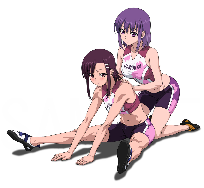 2girls absurdres assisted_stretching bike_shorts breasts brown_eyes closed_mouth collarbone crop_top full_body hair_between_eyes hair_ornament hairclip hands_on_another's_shoulders highres iwakakeru!_sport_climbing_girls kasahara_konomi kneeling leaning_forward medium_breasts midriff multiple_girls navel no_socks open_mouth purple_eyes purple_hair purple_shorts pushing short_hair short_shorts shorts sidelocks simple_background sitting small_breasts smile sportswear stomach stretching uehara_jun white_background