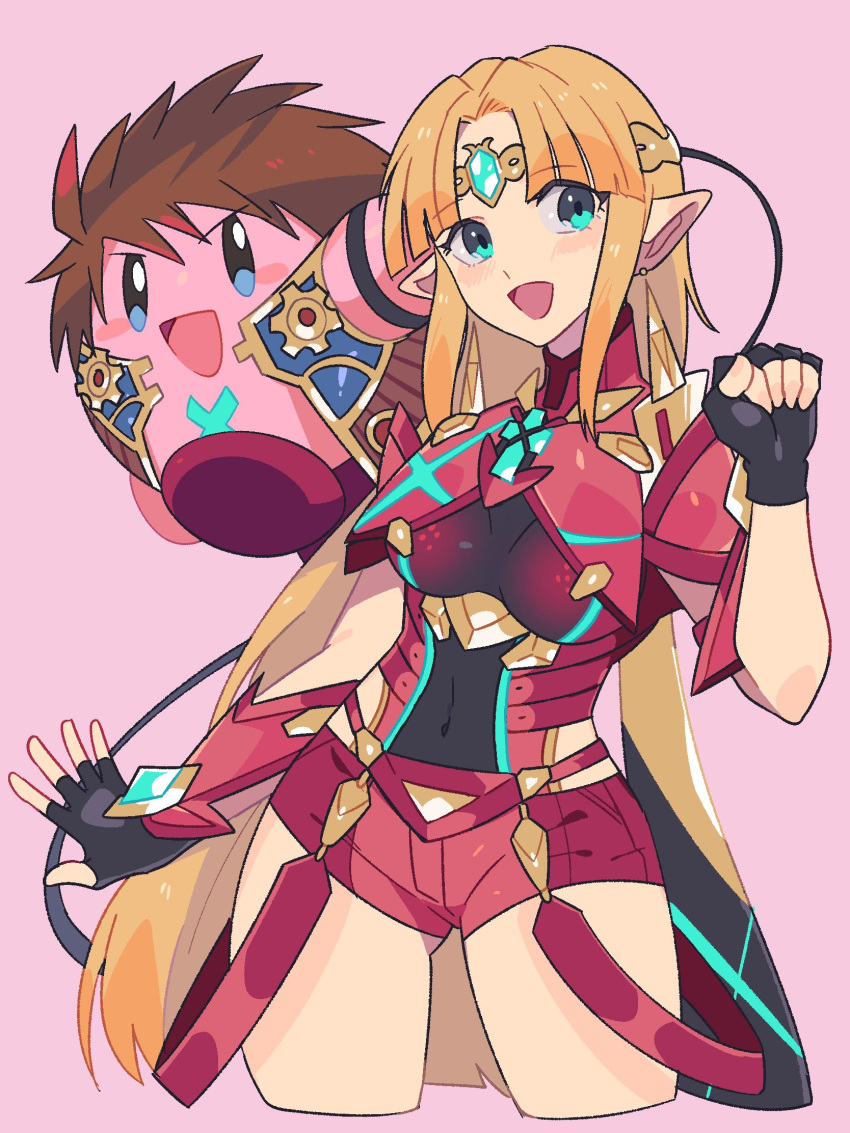 black_gloves blonde_hair blue_eyes brown_hair chest_jewel commentary cosplay crossover earrings english_commentary female gloves highres jewelry kirby kirby_(series) long_hair pointy_ears princess_zelda pyra_(xenoblade) pyra_(xenoblade)_(cosplay) red_shorts rex_(xenoblade) rex_(xenoblade)_(cosplay) shorts sidelocks spiked_hair super_smash_bros. the_legend_of_zelda the_legend_of_zelda:_a_link_between_worlds triforce triforce_earrings very_long_hair xenoblade_chronicles_(series) xenoblade_chronicles_2 yasaikakiage