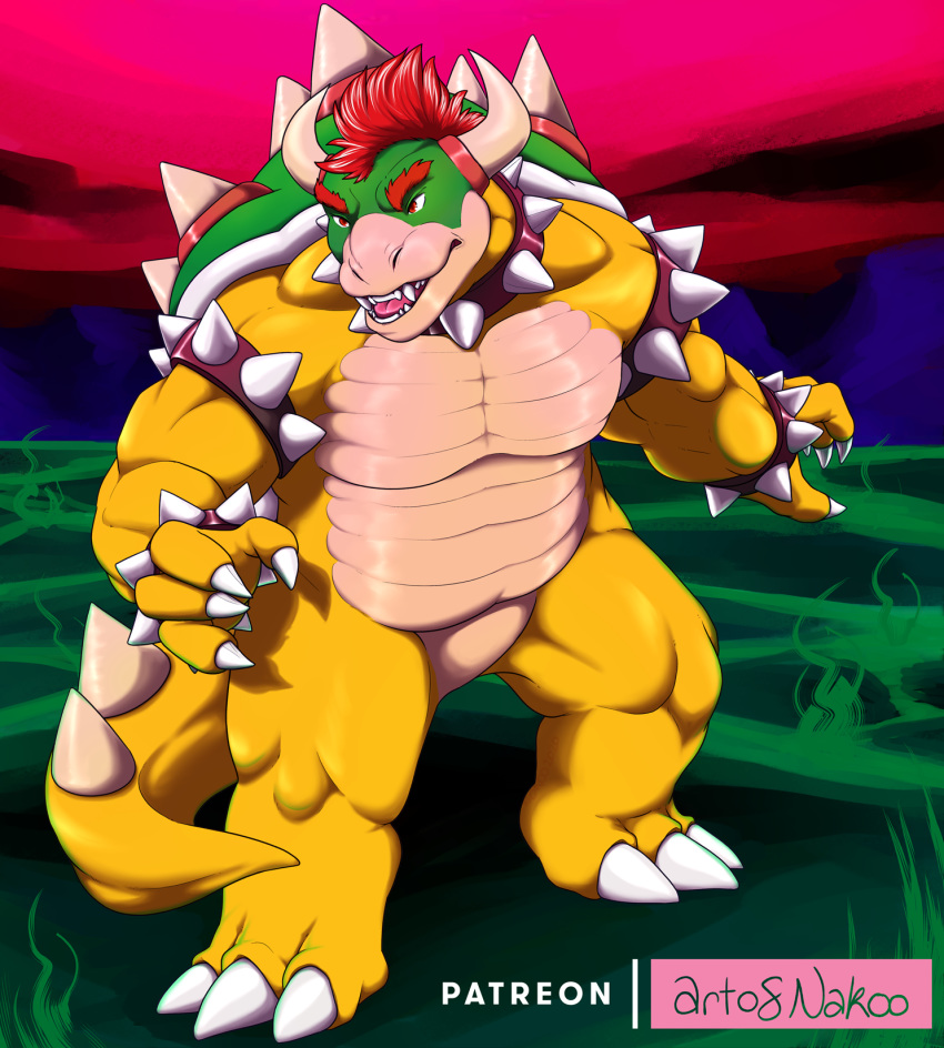 2020 2_horns anthro bowser claws conditional_dnp hair hi_res horn koopa male mario_bros muscular muscular_anthro muscular_male nakoo nintendo red_hair scalie slightly_chubby slightly_chubby_male solo spikes yellow_body