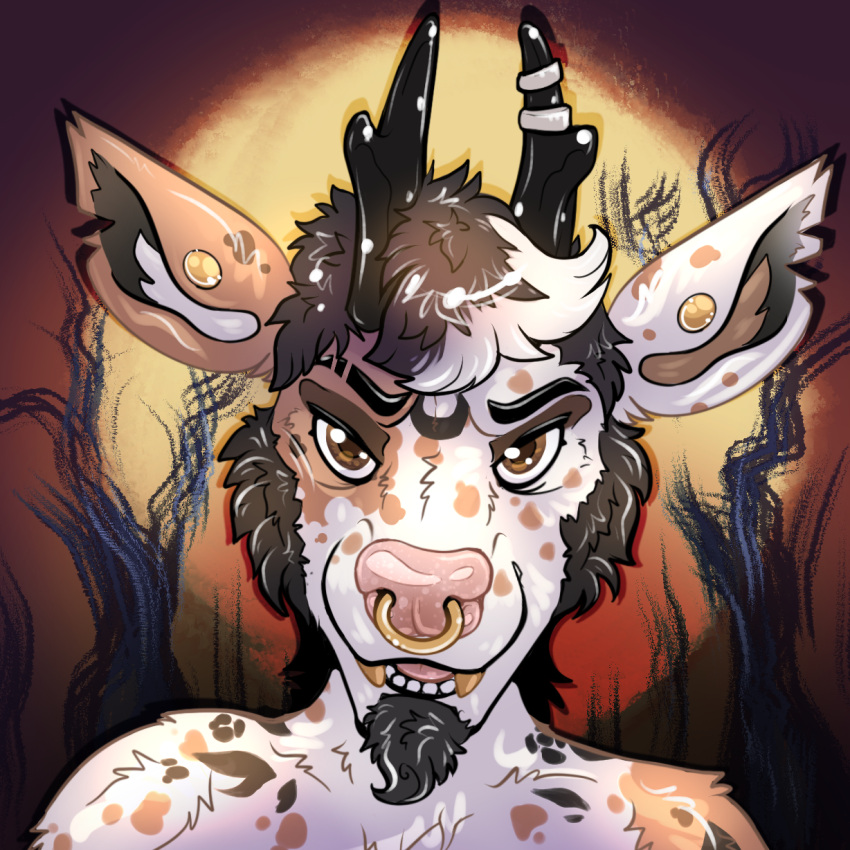 1:1 ambiguous_gender andromorph_(lore) anthro brown_eyes deer digital_drawing_(artwork) digital_media_(artwork) ear_piercing ears_up eye_contact eyebrows facial_hair facial_piercing fur goatee gold_fang hair hi_res icon jace_pronghorn looking_at_another looking_at_viewer male mammal mottled mottled_body mottled_fur multicolored_body nose_piercing nose_ring open_mouth piebald piebald_body piebald_fur piercing plant pronghorn pronghornpunk ring_piercing septum_piercing sideburns simple_background smile solo tattoo teeth thick_eyebrows tongue trans_(lore) trans_man_(lore) tree