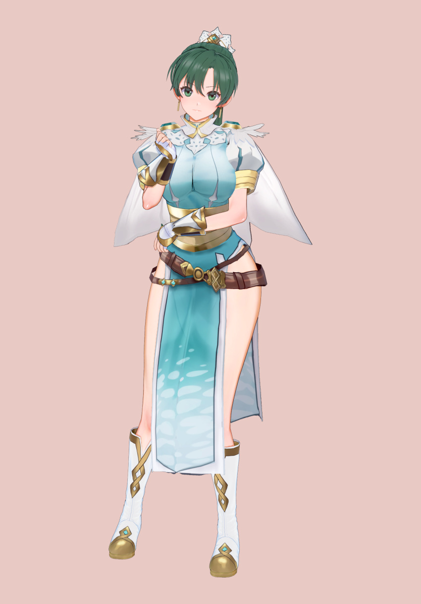 3d bad_id bad_pixiv_id belt boots breasts cape capelet commentary_request earrings feather_trim female fingerless_gloves fire_emblem fire_emblem:_the_blazing_blade fire_emblem_heroes full_body gloves gradient_background green_eyes green_hair hair_ornament head_tilt highres jewelry knee_boots koikatsu_(medium) korean_commentary looking_at_viewer lyn_(fire_emblem) lyn_(resplendent)_(fire_emblem) medium_breasts pelvic_curtain pink_background ponytail shiny_skin simple_background solo standing thighs uck-eck-uck